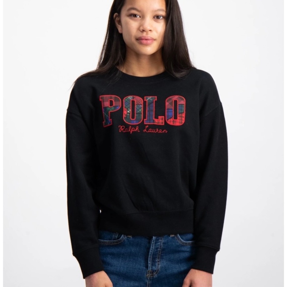 POLO RALPH LAUREN Girls Plaid Logo Fleece Sweatshirt Black Size 8-10